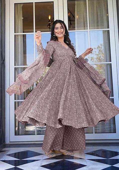 Purple Abstract Print Art Silk Kurta Set