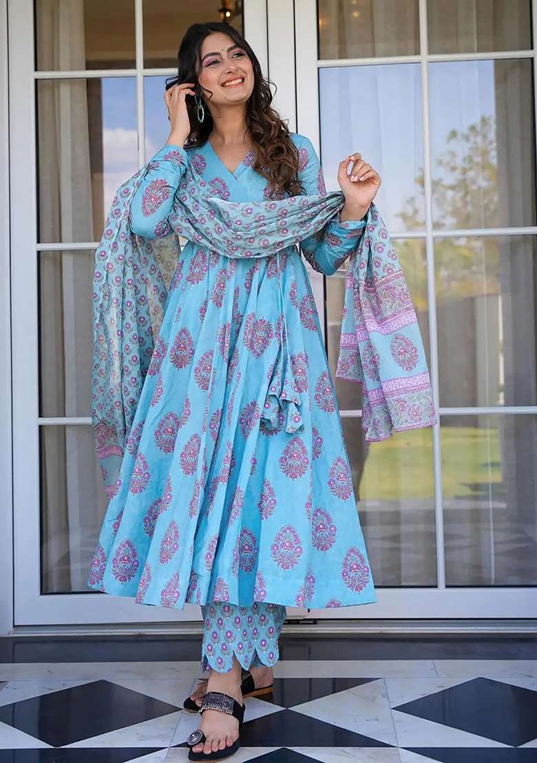 Sky Blue Printed Silk Anarkali Set - Indya