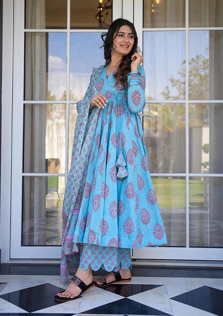 Sky Blue Abstract Print Art Silk Kurta Set