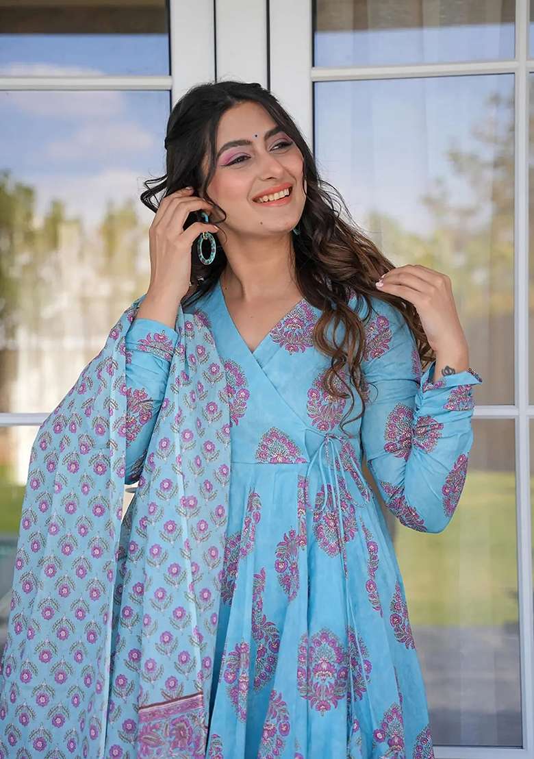Sky Blue Printed Silk Anarkali Set - Indya