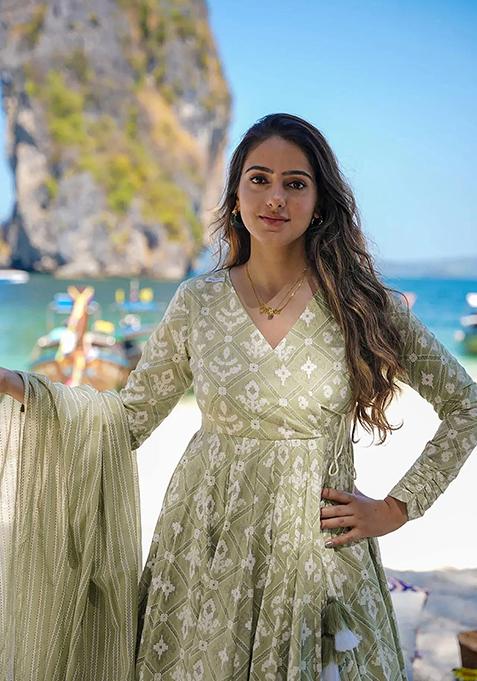 Green Abstract Print Art Silk Kurta Set