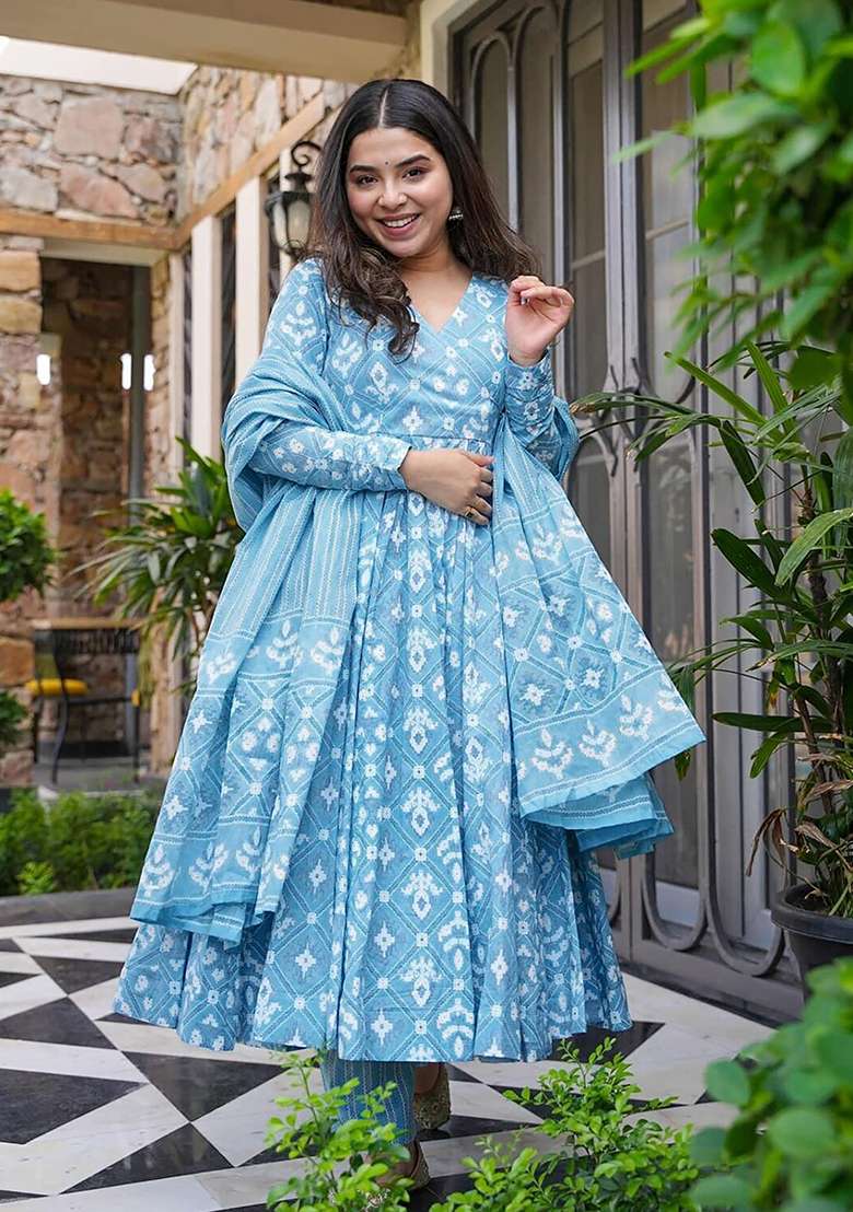 Sky Blue Printed Silk Anarkali Set - Indya