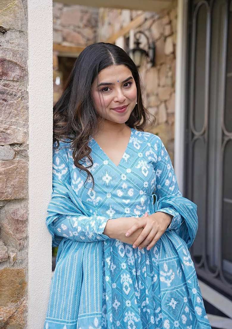 Sky Blue Printed Silk Anarkali Set - Indya