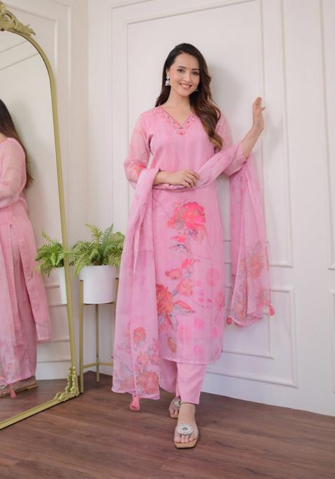 Pink Floral Print Organza Kurta Set