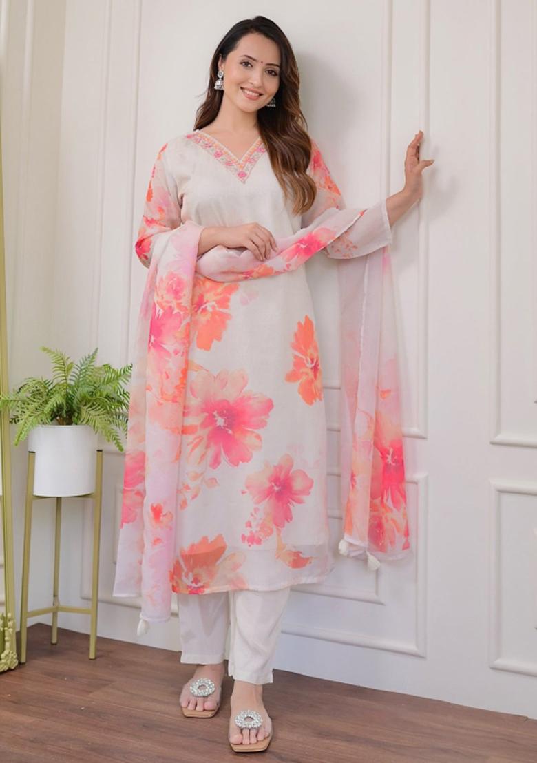 Off White Floral Print Organza Kurta Set