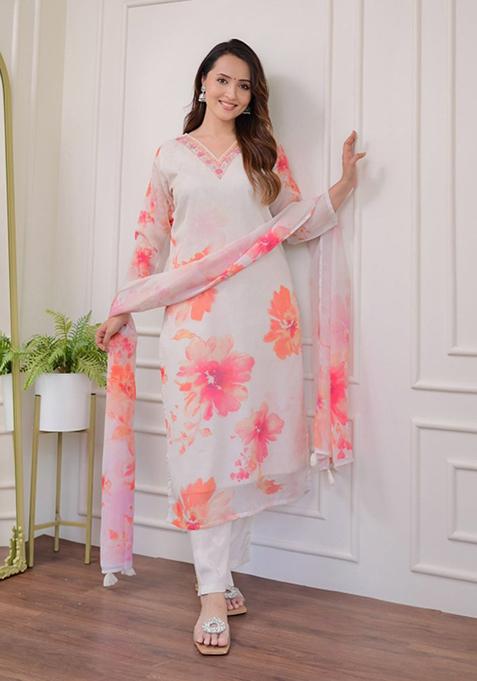 Off White Floral Print Organza Kurta Set