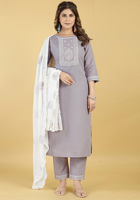 Grey Abstract Print Blended Cotton Kurta Set