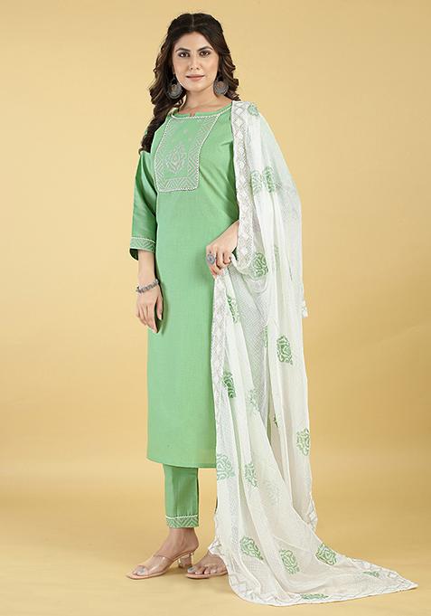 Green Abstract Print Blended Cotton Kurta Set