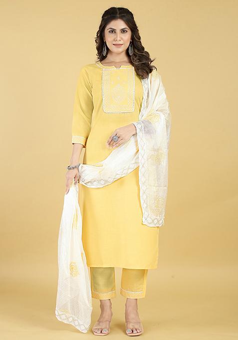 Yellow Abstract Print Blended Cotton Kurta Set