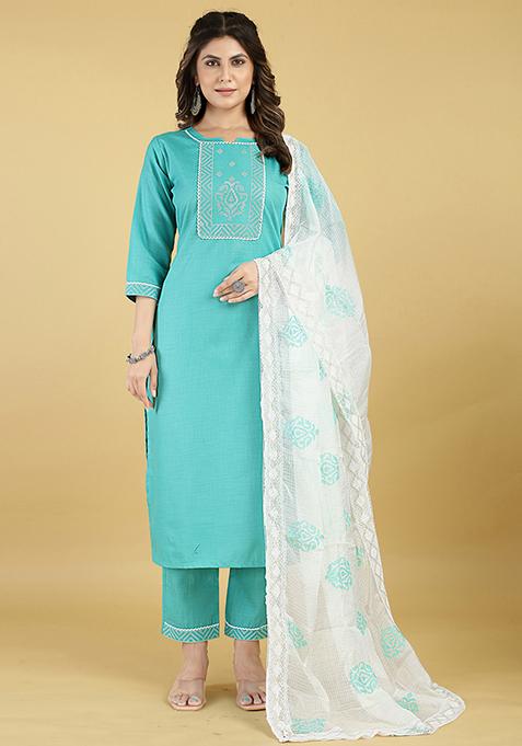 Blue Abstract Print Blended Cotton Kurta Set