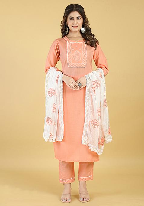 Pink Abstract Print Blended Cotton Kurta Set