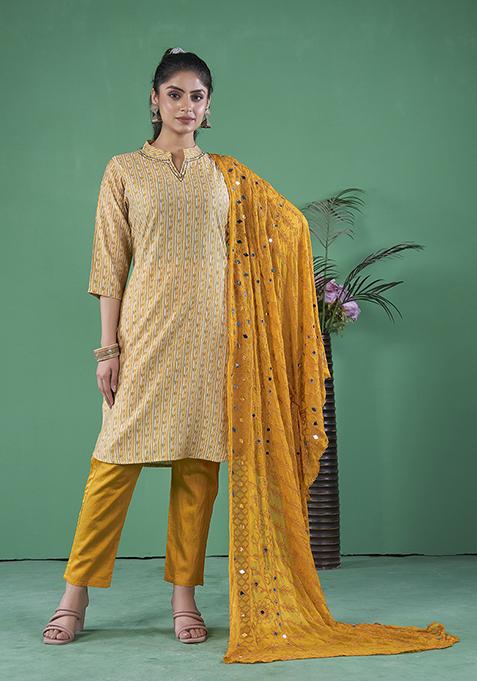 Mustard Abstract Print Art Silk Kurta Set