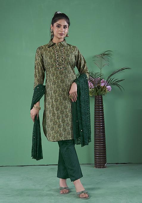 Green Abstract Print Art Silk Kurta Set