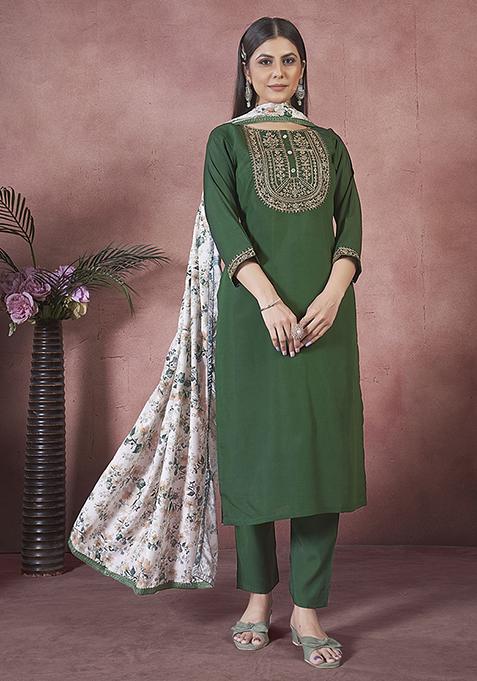 Green Abstract Print Art Silk Kurta Set