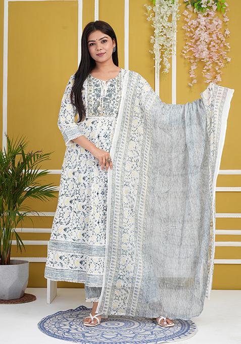 White Abstract Print Rayon Kurta Set