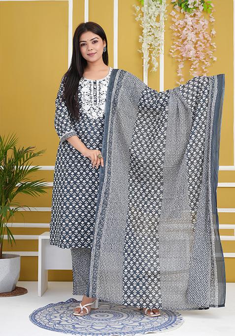 Grey Abstract Print Rayon Kurta Set