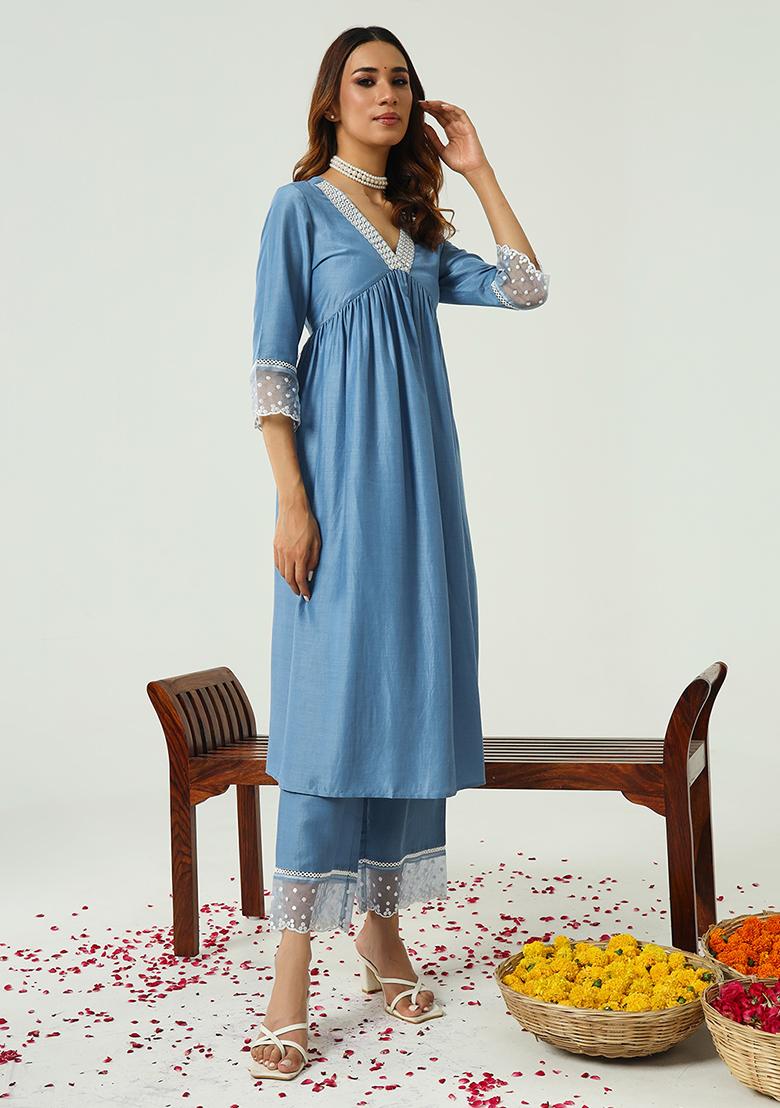 Blue Resham Embroidered Art Silk Kurta Set - Indya