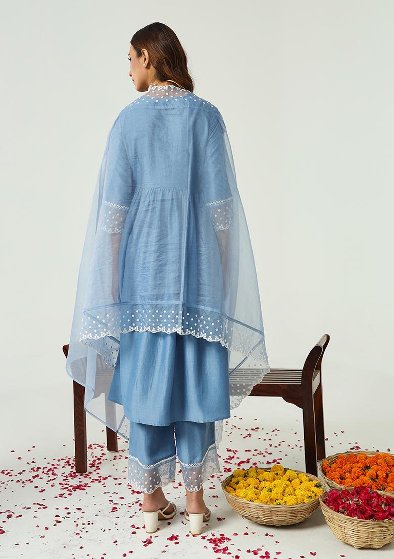 Blue Resham Embroidered Art Silk Kurta Set