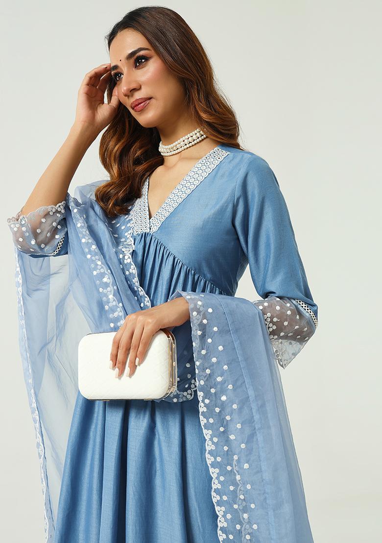 Blue Resham Embroidered Art Silk Kurta Set - Indya