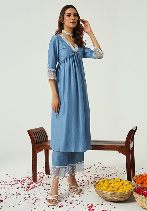 Blue Resham Embroidered Art Silk Kurta Set