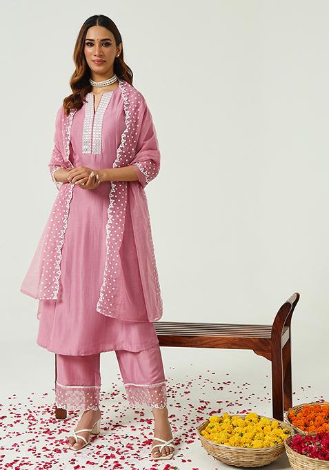 Pink Resham Embroidered Art Silk Kurta Set