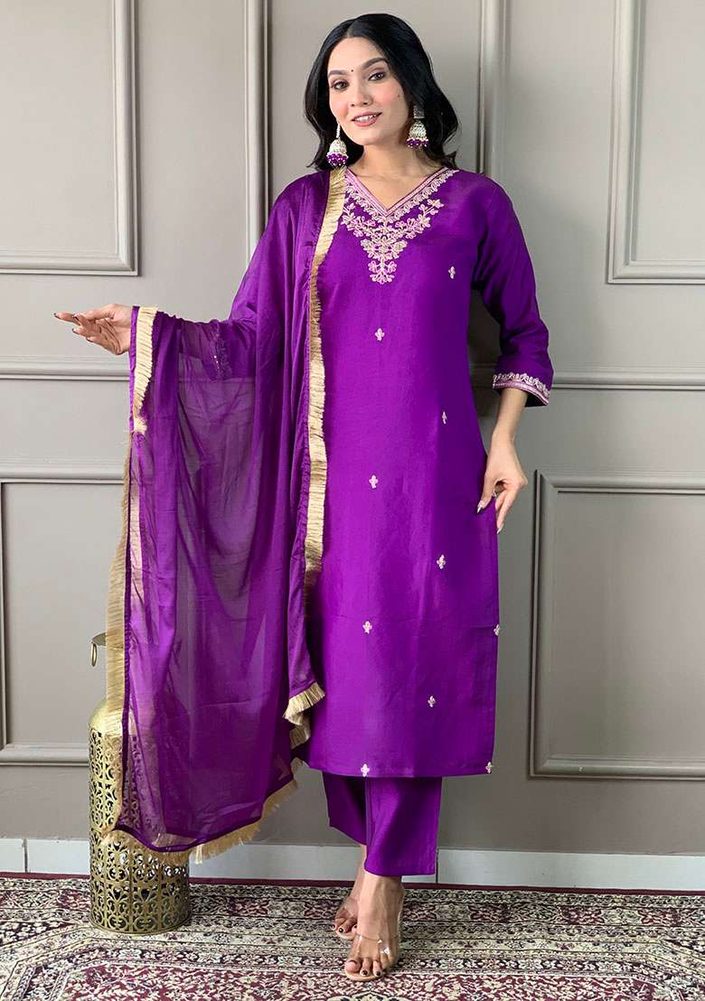Purple Embroidered Chanderi Straight Kurta Set - Indya