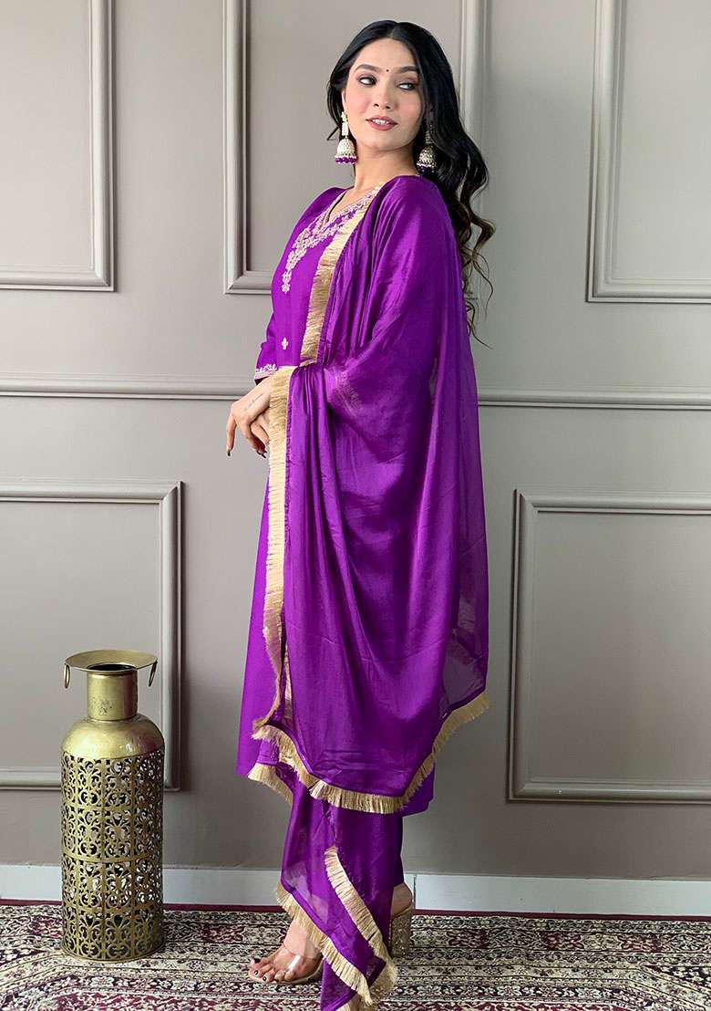 Purple Embroidered Chanderi Straight Kurta Set - Indya