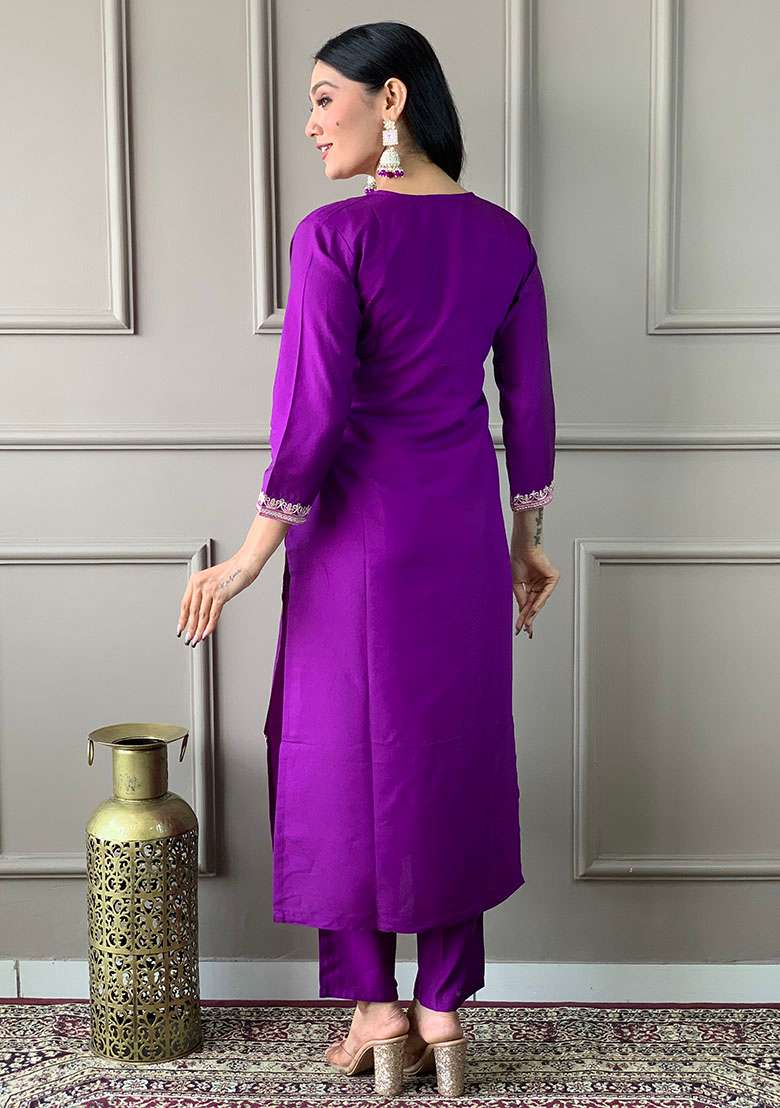 Purple Embroidered Chanderi Straight Kurta Set - Indya