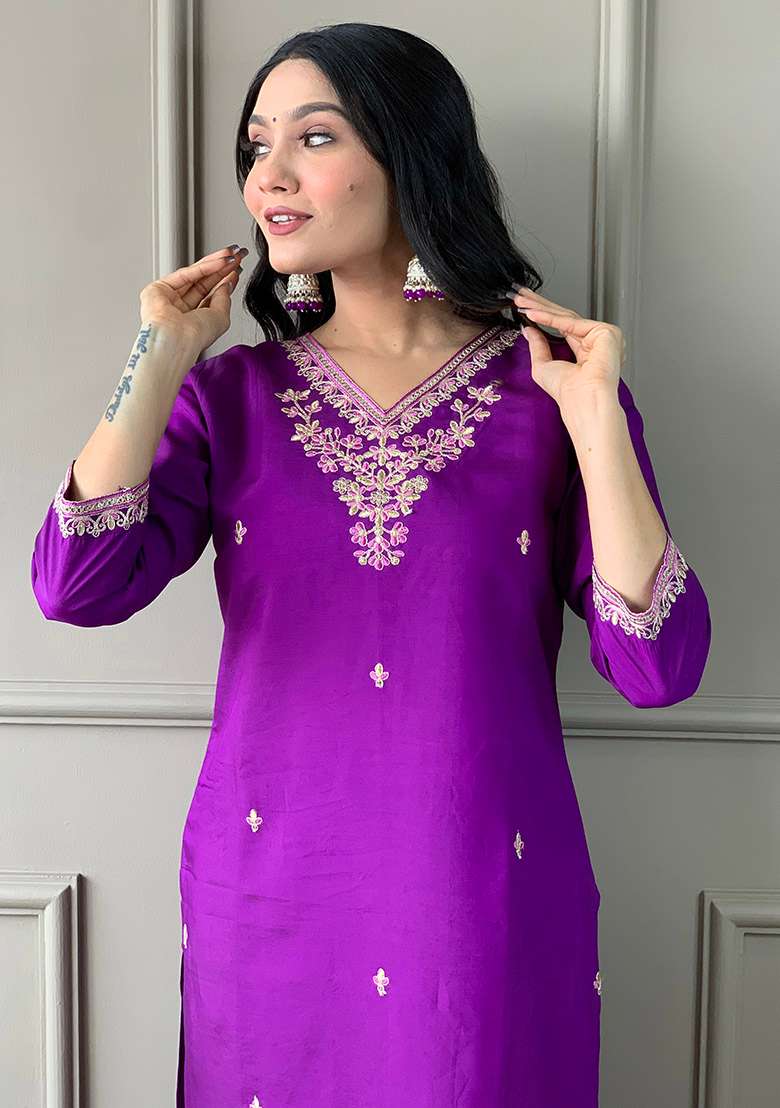 Purple Embroidered Chanderi Straight Kurta Set - Indya