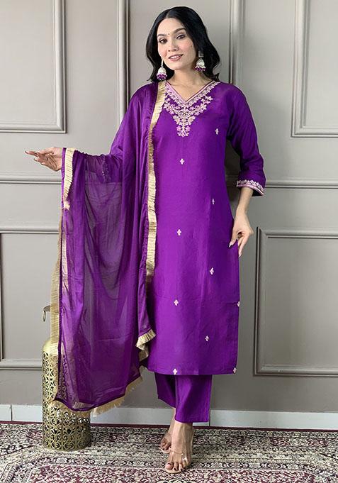 Purple Abstract Print Chanderi Kurta Set