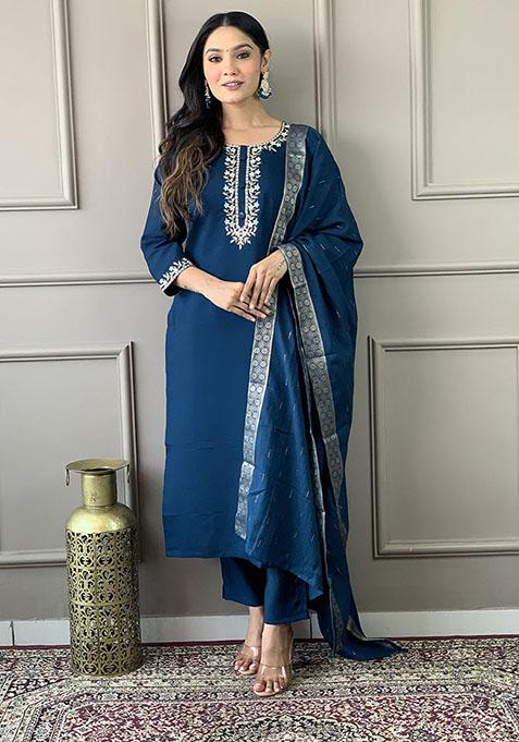 Blue Abstract Print Chanderi Kurta Set