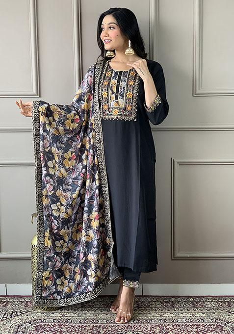 Black Abstract Print Chanderi Kurta Set