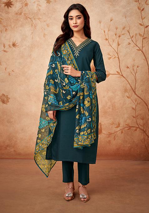 Teal Blue Abstract Print Chanderi Kurta Set