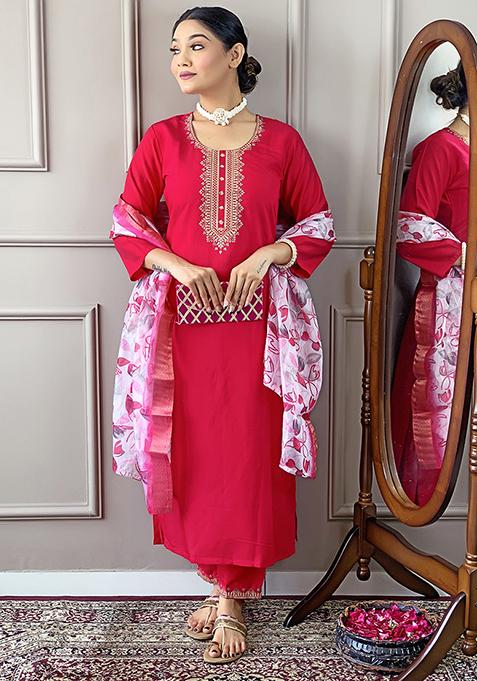 Pink Abstract Print Chanderi Kurta Set