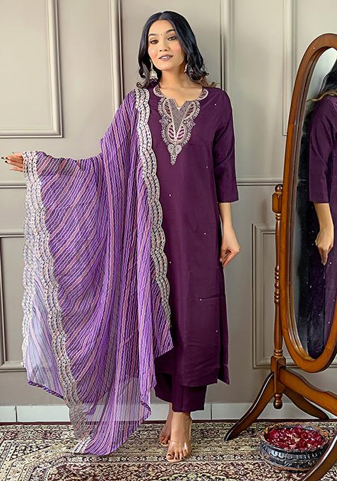 Wine Abstract Print Silk Kurta Set