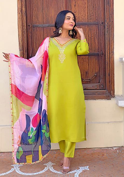 Lemon Green Abstract Print Silk Kurta Set