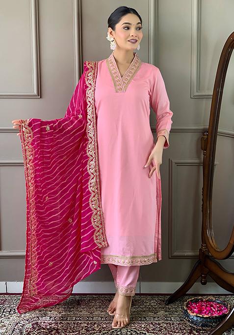 Pink Abstract Print Silk Kurta Set