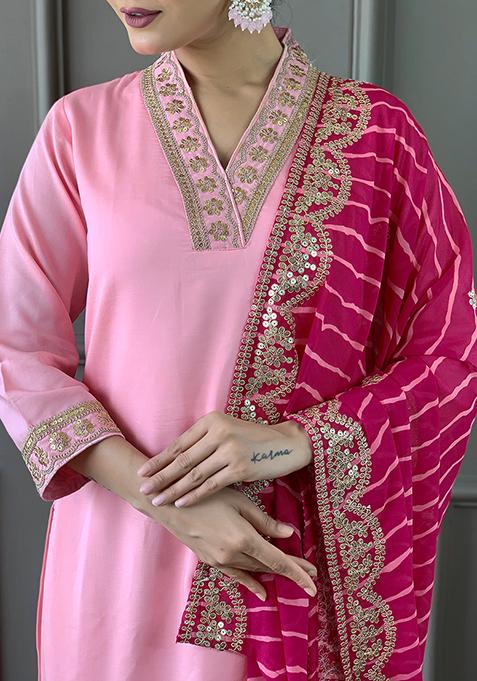 Pink Abstract Print Silk Kurta Set