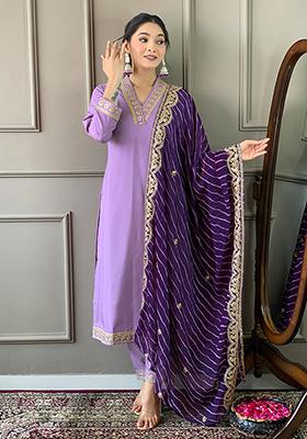Purple Abstract Print Silk Kurta Set