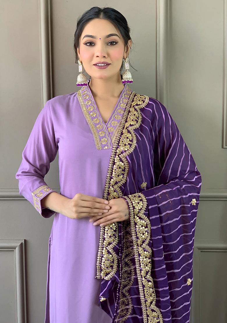Purple Abstract Print Silk Kurta Set