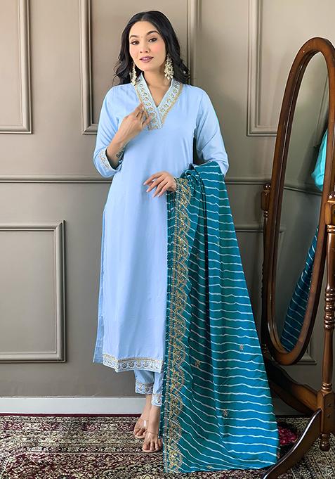 Sky Blue Abstract Print Silk Kurta Set