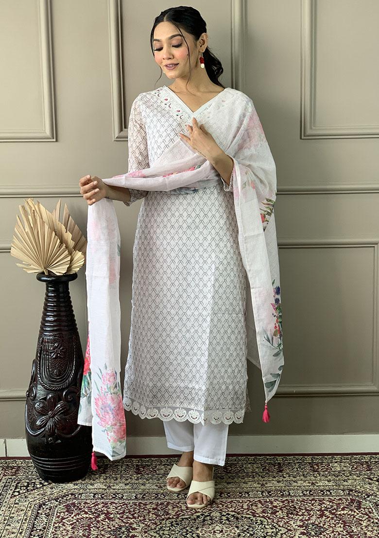 Off White Abstract Print Linen Kurta Set