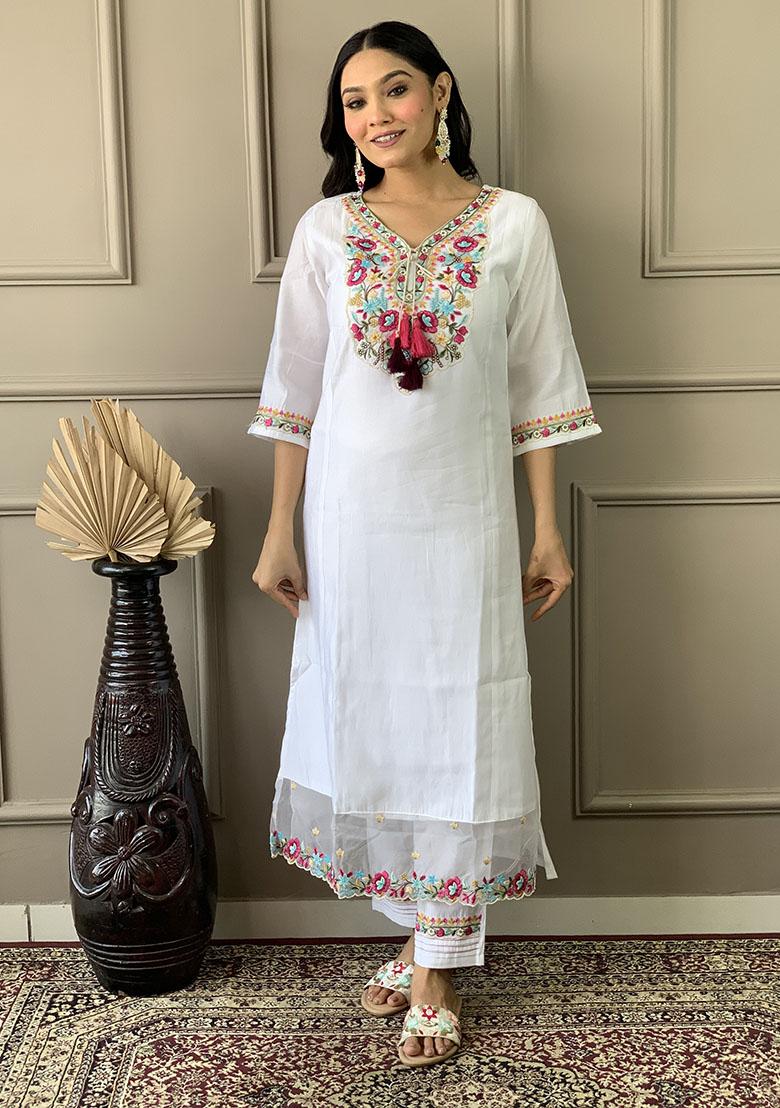 Off White Abstract Print Chanderi Kurta Set