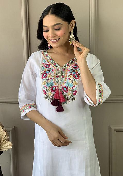 Off White Abstract Print Chanderi Kurta Set