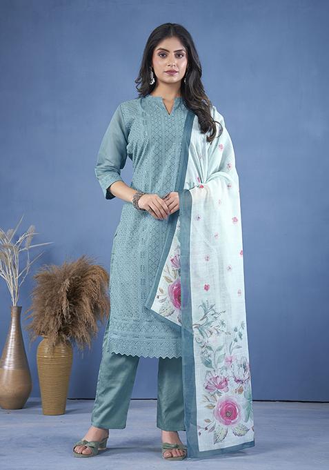 Aqua Blue Abstract Print Art Silk Kurta Set