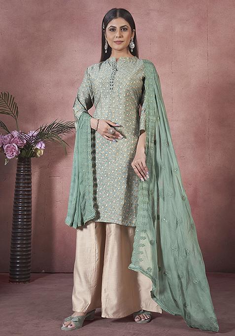 Green Abstract Print Art Silk Kurta Set