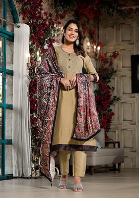 Golden Abstract Print Art Silk Kurta Set