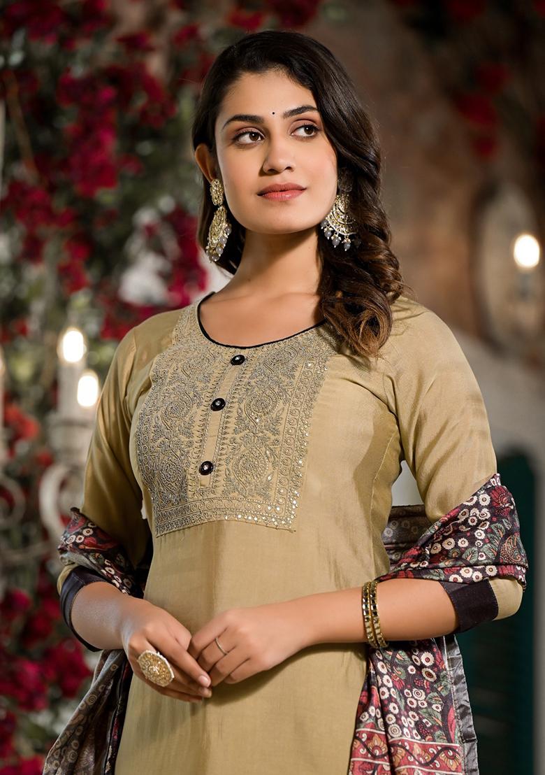 Golden Abstract Print Art Silk Kurta Set - Indya