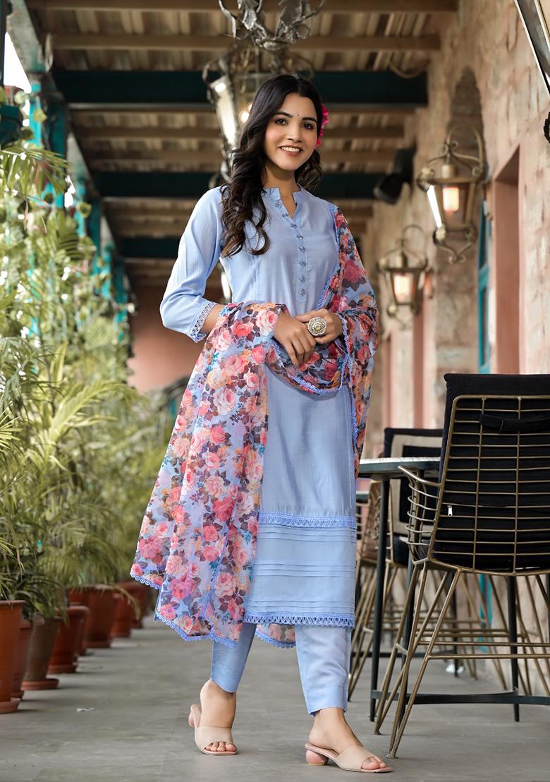 Blue Abstract Print Art Silk Kurta Set
