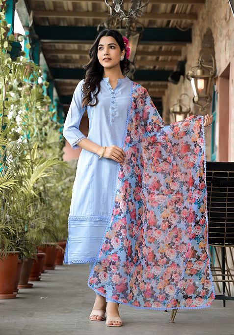 Blue Abstract Print Art Silk Kurta Set